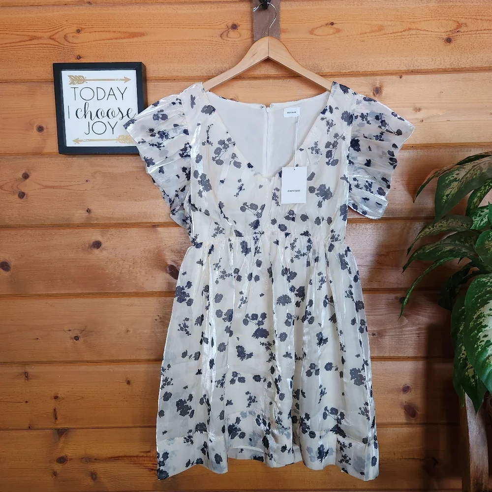 Aureum NWT Floral Organza Puff Pleated Ruffle Sleeves Stretch Chiffon Dress Sz M